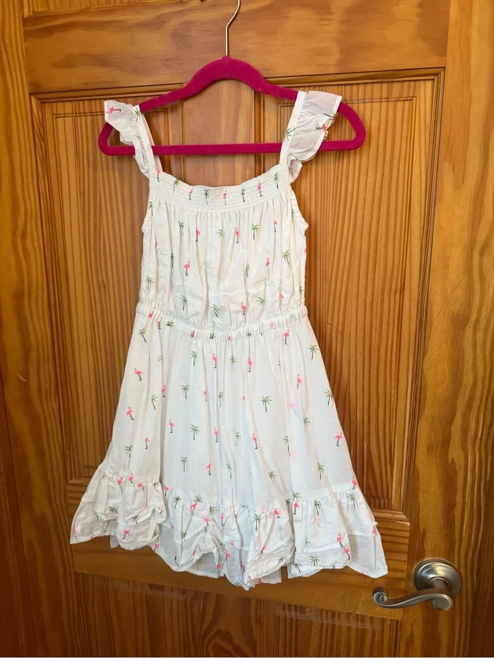 Janie and Jack White Dress with Pink Flamingo and Green Palm Print